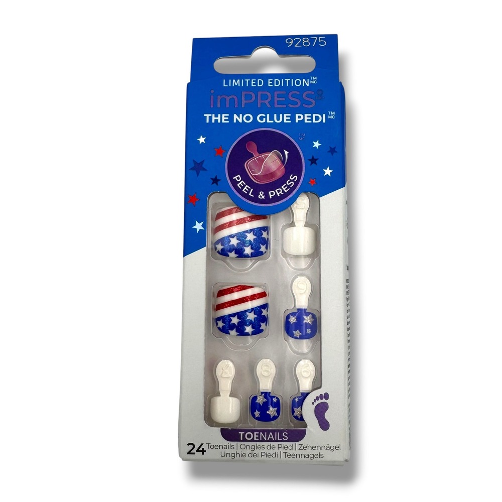 imPRESS Toenails Women Blue Red White Stars Stripes No Glue Pedi 92875